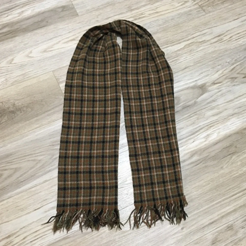 Vintage Plaid Brown Black Green Fringe Scottish Style Scarf Long